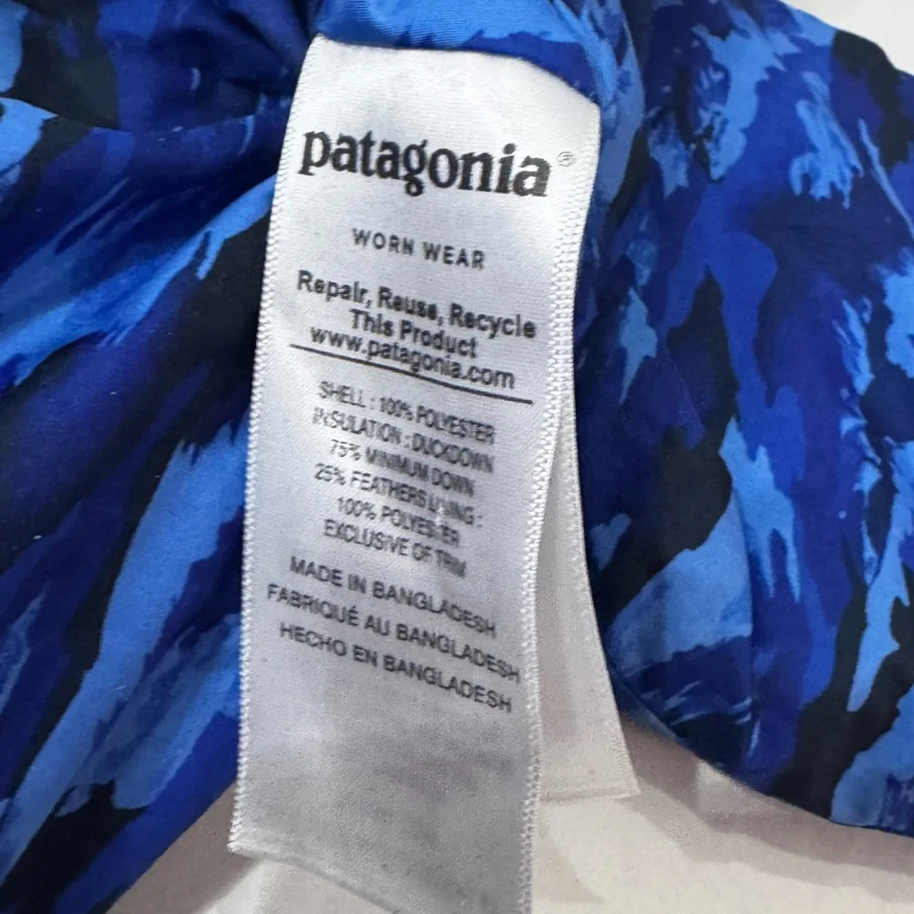 Patagonia Blue and Black Camouflage Jacket with Orange Trim